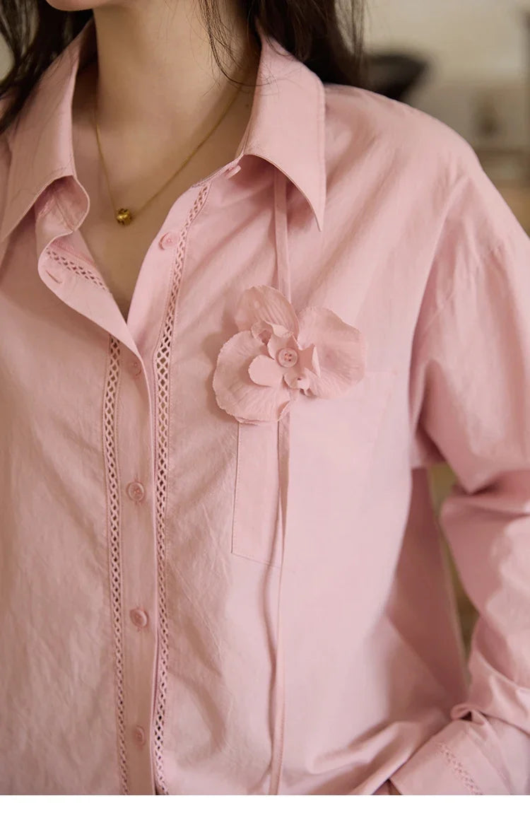 100% Cotton Shirt For Women Autumn 2025 New Fashion Petal Ribbon Button Long Sleeves Shirt Women's Clothing MXE41C2349