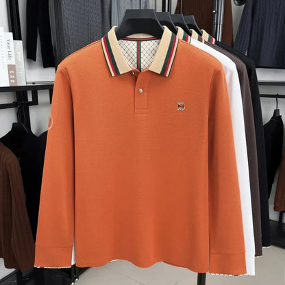Luxury advanced  brand men long sleeve polo shirt unique stripe color blocked lapel fashion letter embroidery casual new T-shirt