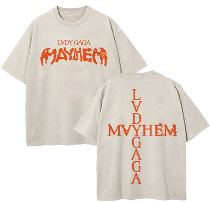 Vintage Washed Lady Gaga The Mayhem Ball Tour 2025 T Shirt Fashion Men/Women Aesthetic High Quality Acid Wash 100% Cotton Tees