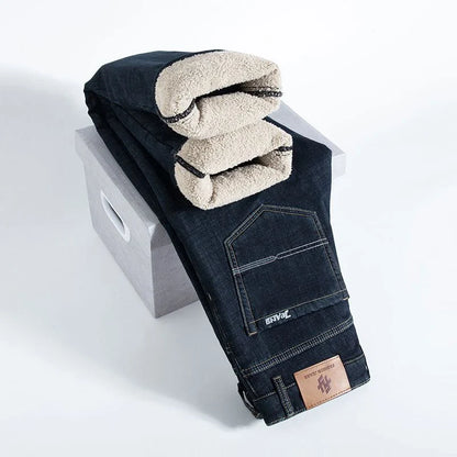 Winter Warm Fleece Jeans Men 2025 Straight Stretch Thick Casual Thermal Denim Pants Male Business Work Trousers New Men Clothing