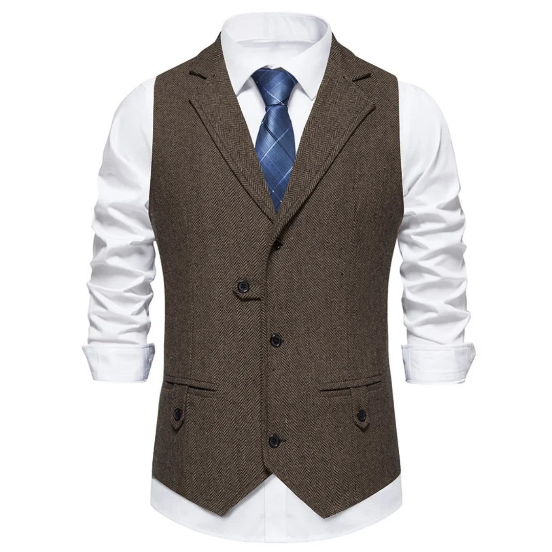 Men Vest Brown Herringbone Single Button Solid With Lapel Waistcoat For Wedding Groom Business Banquet Office Work Men Suit Vest