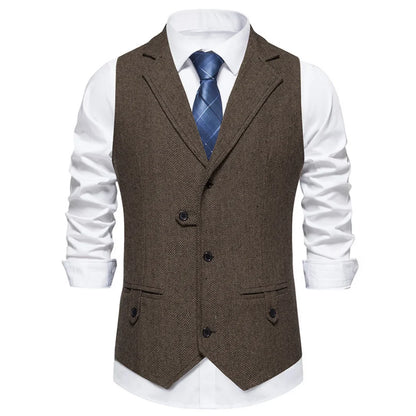 Men Vest Brown Herringbone Single Button Solid With Lapel Waistcoat For Wedding Groom Business Banquet Office Work Men Suit Vest