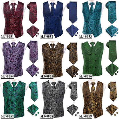 Wedding Coral Pink Mens Vest Silk Tie Set Adjustable Jacquard Waistcoat Jacket Necktie Hanky Cufflinks Formal Party Gifts