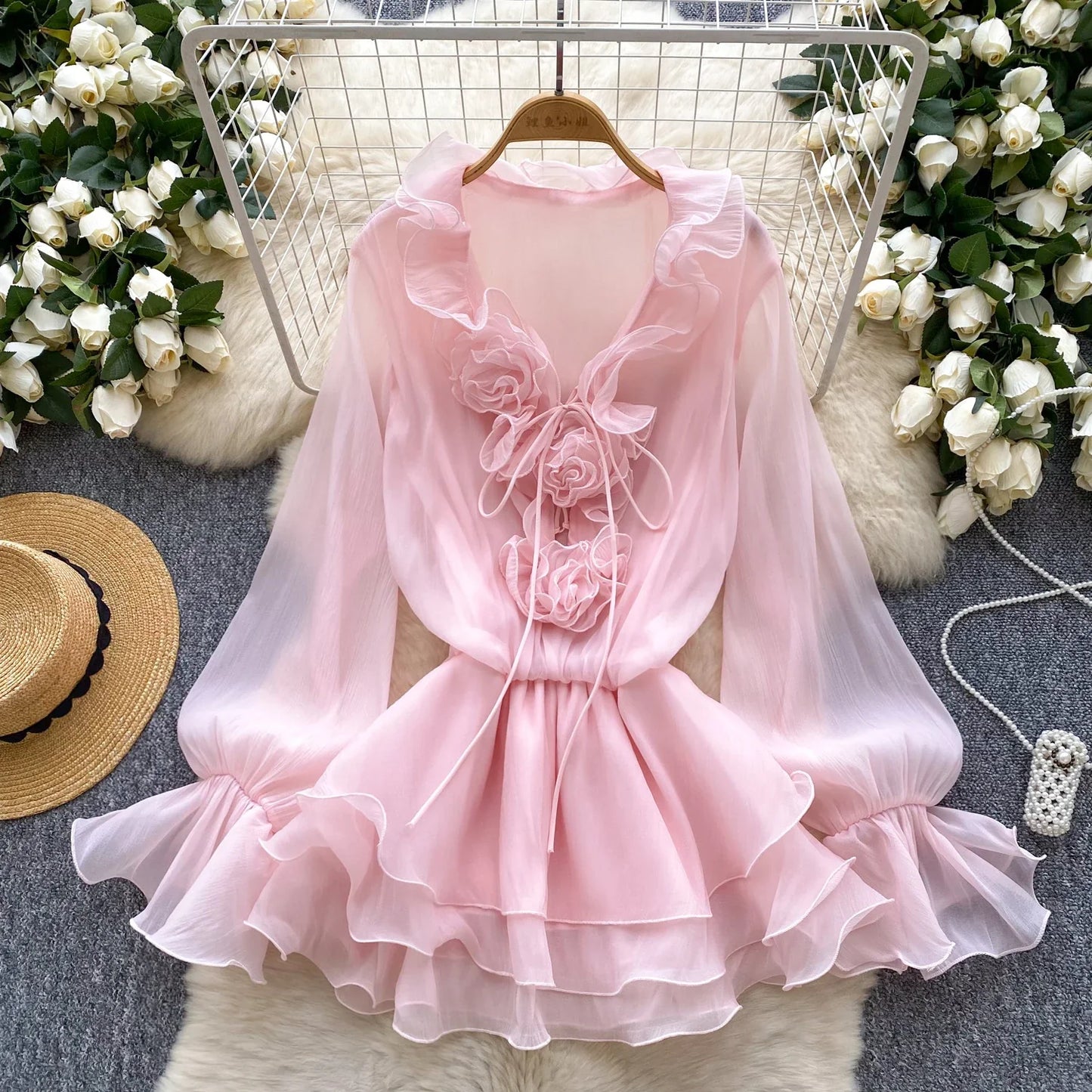 3D Floral Beach Short Dress Female Long Sleeves Lace Up Ruffle Chiffon Cake Sundress Sheer Sexy Vintage Bohemian Dress
