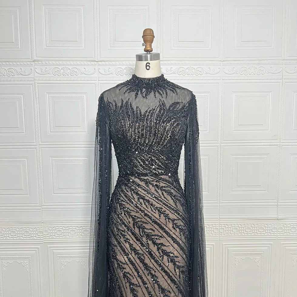 Luxury Saudi Arabia Mermaid Beaded Cape Sleeves High-Neck Evening Dresses 2025 Dubai Party Gowns for Women Wedding Customized