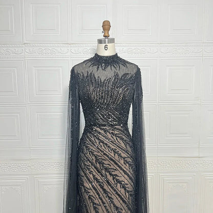 Luxury Saudi Arabia Mermaid Beaded Cape Sleeves High-Neck Evening Dresses 2025 Dubai Party Gowns for Women Wedding Customized