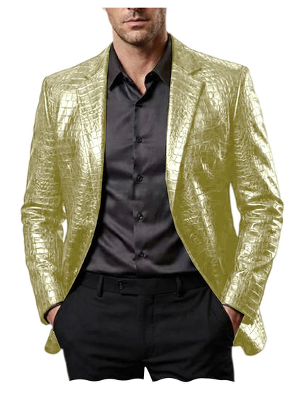 Men Crocodile Texture Leather Blazer Notched Lapel Slim Fit Single Breasted Suit Jacket Nightclub Party Business Outer Coat