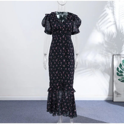Floral Print Women's Summer Ruffle Dress Sexy V-neck Short Puff Short Sleeve Beach Slim Female Dress 2026 Holidays Lady Robe