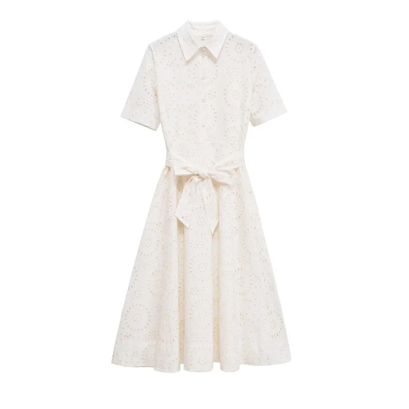 2025 new  women's elegant fashion hollow embroidery cotton shirt lapel short-sleeved dress temperament long skirt
