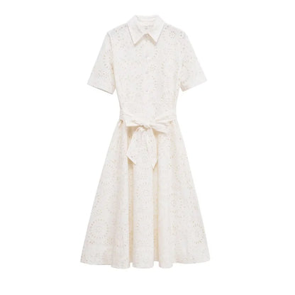 2025 new  women's elegant fashion hollow embroidery cotton shirt lapel short-sleeved dress temperament long skirt