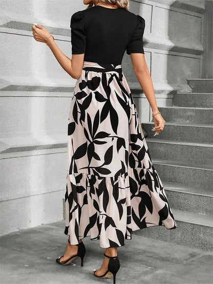 Elegant Floral Print Round Neck Long Dresses Women Short Sleeve High Waist Lace-up Office Lady Holiday Party Dresses Vestidos
