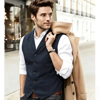 New Plus Men's Herringbone Tweed Wool Suit Vest British Retro Lapel Single Breasted Waistcoat Male Boutique Slim Fit Dress Vests
