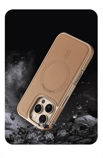 Premium Plating Frame Business Leather Magnetic Case for iPhone 17 16 15 14 13 Pro Max  Plus 17Air For Magsafe Shockproof Cover