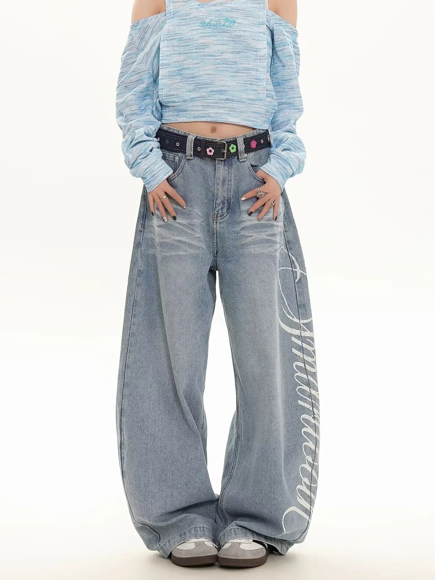 Blue Loose Wide Leg Jeans Women's Fashion High Waist Straight Cut Casual Trousers Autumn New Style Slimming Effect Cotton Pol...