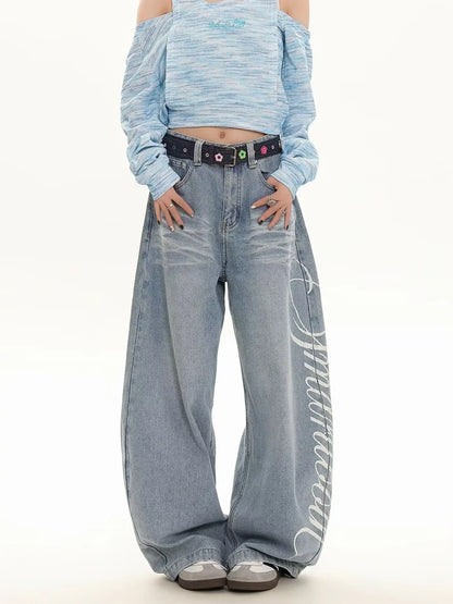 Blue Loose Wide Leg Jeans Women's Fashion High Waist Straight Cut Casual Trousers Autumn New Style Slimming Effect Cotton Pol...