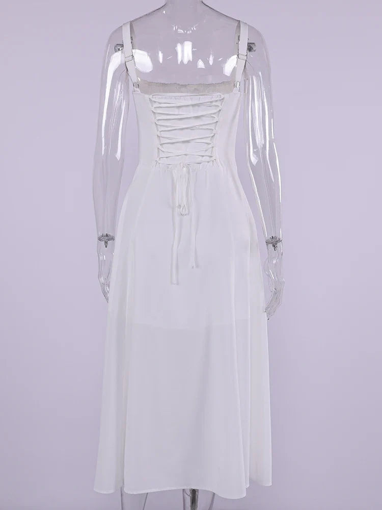 Summer Sweet Solid Sleeveless Long Dress Women Fashion Bandage Camisole Dresses Padded Boned Robe Elegant Party Vestidos