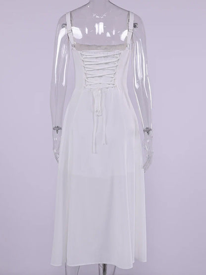 Summer Sweet Solid Sleeveless Long Dress Women Fashion Bandage Camisole Dresses Padded Boned Robe Elegant Party Vestidos