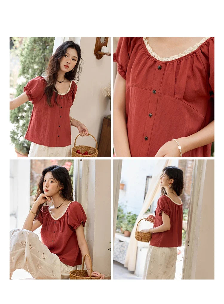 French Summer Shirts for Women 2025 Short Puff Sleeve Lace Colla Slimming Blouses Female Sweet Fashion New MXE35X1827