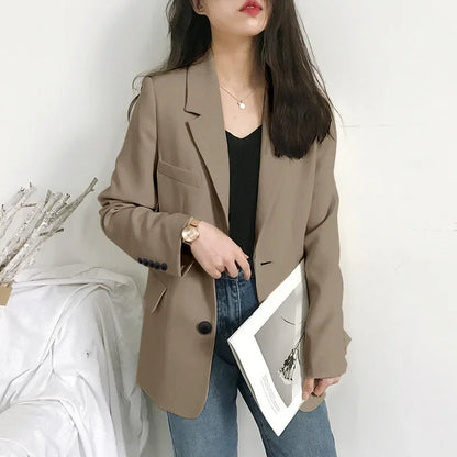 Elegant Casual Loose Long Sleeve Women's Small Suit Jacket Korean Style Spring Autumn Chic Polyester Fiber Button Decoration