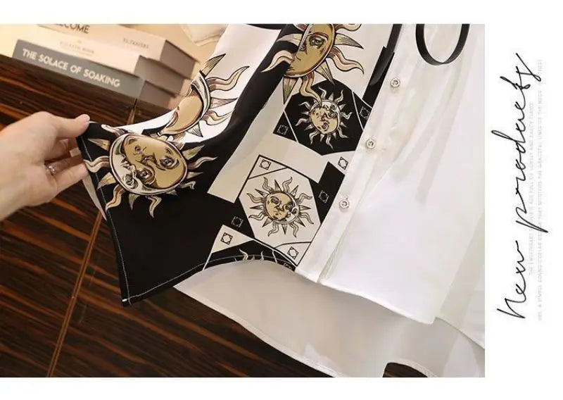 Vintage Print A-Line With Belt Loose Polo Neck Women's Dress Elegant Single-Breasted Knee Length Dresses For Women 2024 Spring