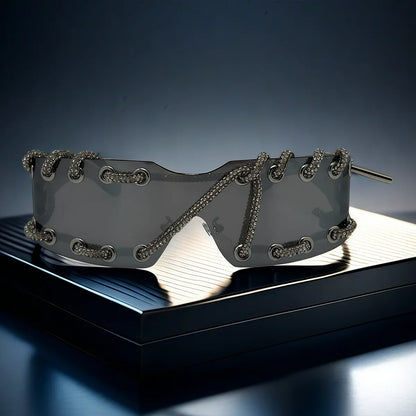 Punk Y2k sunglasses women Frameless  Sunglasses Crystal Chain One-piece Party Shades Bling Streetwear Luxury Accessories