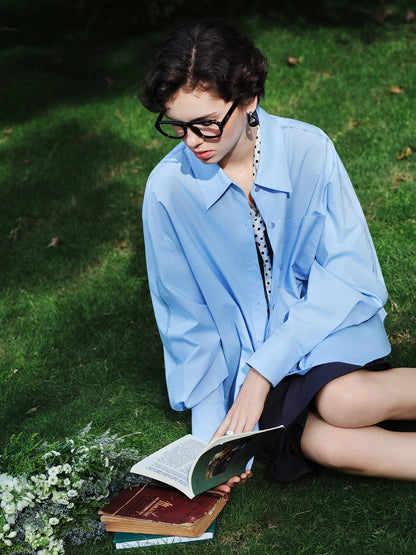 Women's French Loose Fit Cotton Shirt Long Sleeve Layering Top with Web Strap Detail Casual Oversized Blouse