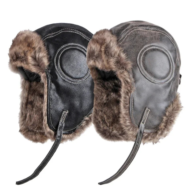 Winter Ushanka Hat Men Women's Pilot Aviator Trapper Hat Faux Fur Leather Snow Cap with Ear Flaps Pilot Winter Trapper Hat