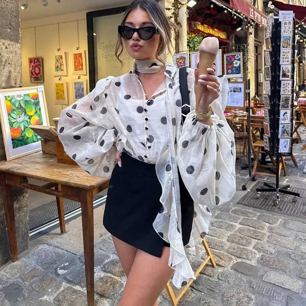 Ticketsx Polka Dot Ruffled Shirts Fashion Contrast Lace Up See Through Button Blouse Top Elegant Party High Street Women Shirt