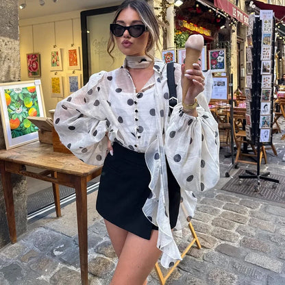 Ticketsx Polka Dot Ruffled Shirts Fashion Contrast Lace Up See Through Button Blouse Top Elegant Party High Street Women Shirt
