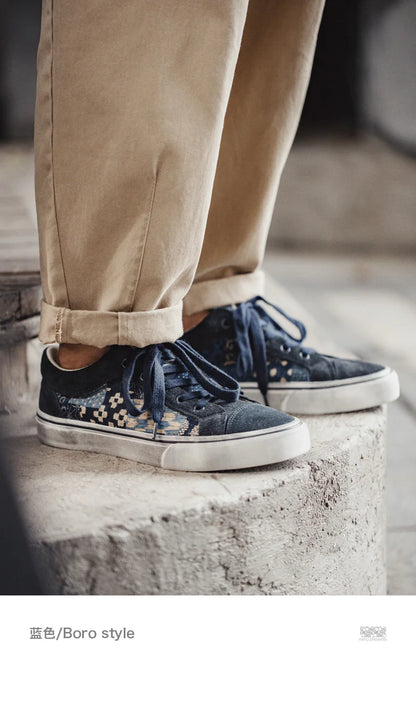 Japanese Retro Printing Canvas Shoes for Men Designer Brand Ancient Cloth Board Shoes Low Top for Lovers Women