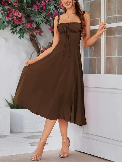 Summer Sweet Solid Sleeveless Long Dress Women Fashion Bandage Camisole Dresses Padded Boned Robe Elegant Party Vestidos