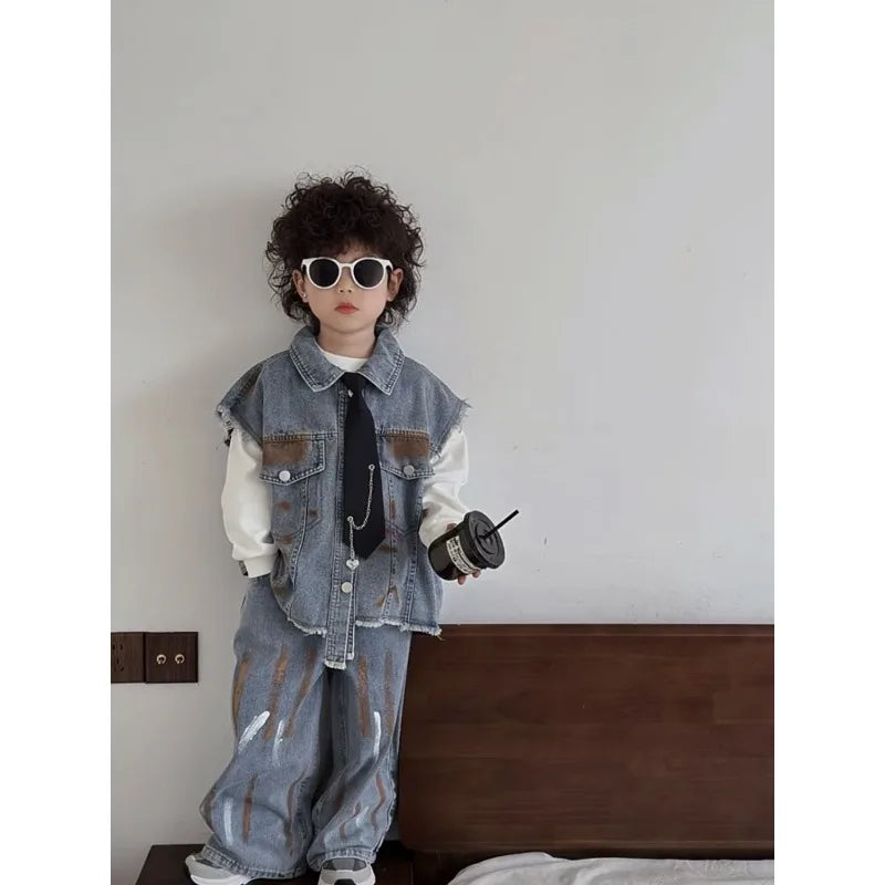 Boys Vest +Pants + Tie Outfits Kids Suits Cotton 3PCS/Set 2026 Blue Jean Spring Autumn Cotton Sport Teenagers Children Clothing