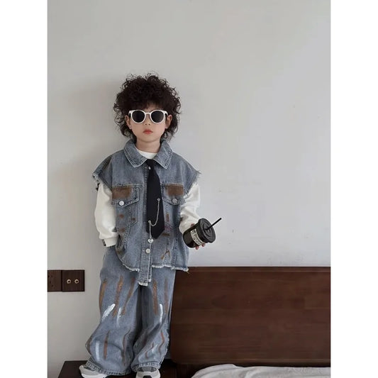 Boys Vest +Pants + Tie Outfits Kids Suits Cotton 3PCS/Set 2026 Blue Jean Spring Autumn Cotton Sport Teenagers Children Clothing