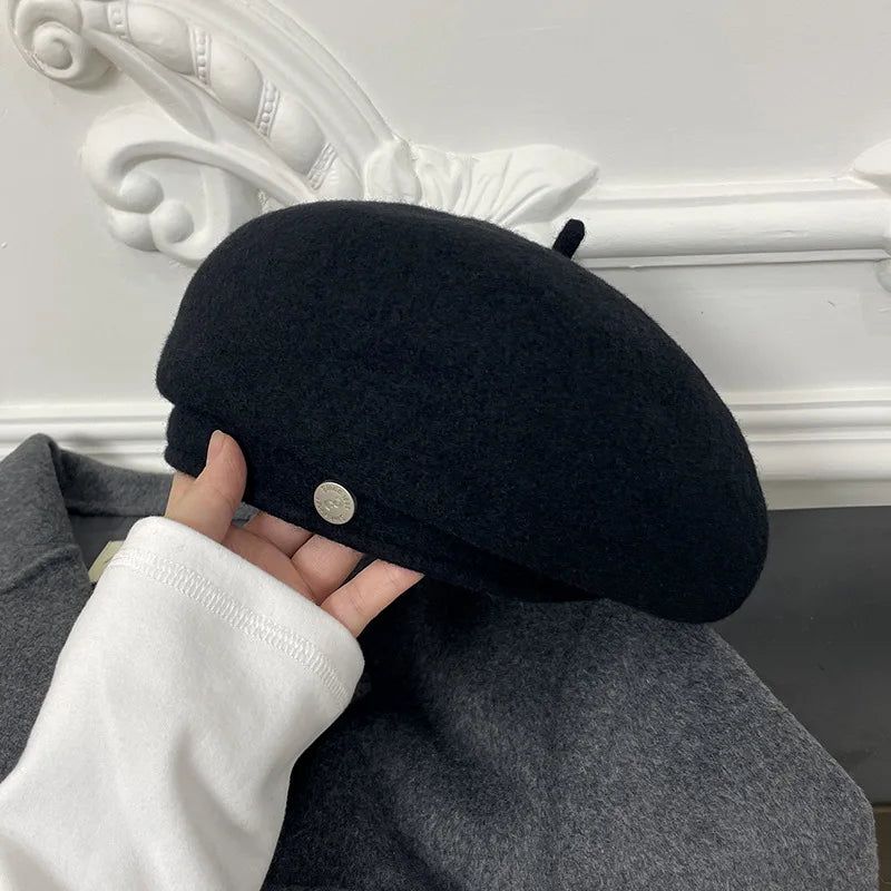 Women French Art Retro Wool Felt Autumn Solid Colors Warm Winter Beanie Hat Beret Cap For Female