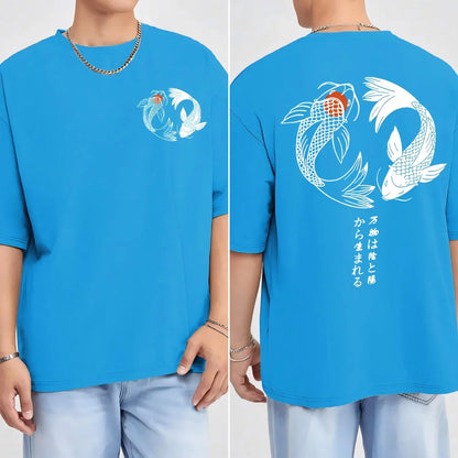 Japanese Koi Harajuku Illustration Pattern T-Shirt Men Summer Casual T Shirt Soft Fashion Short Sleeve Loose Cotton Sportswear
