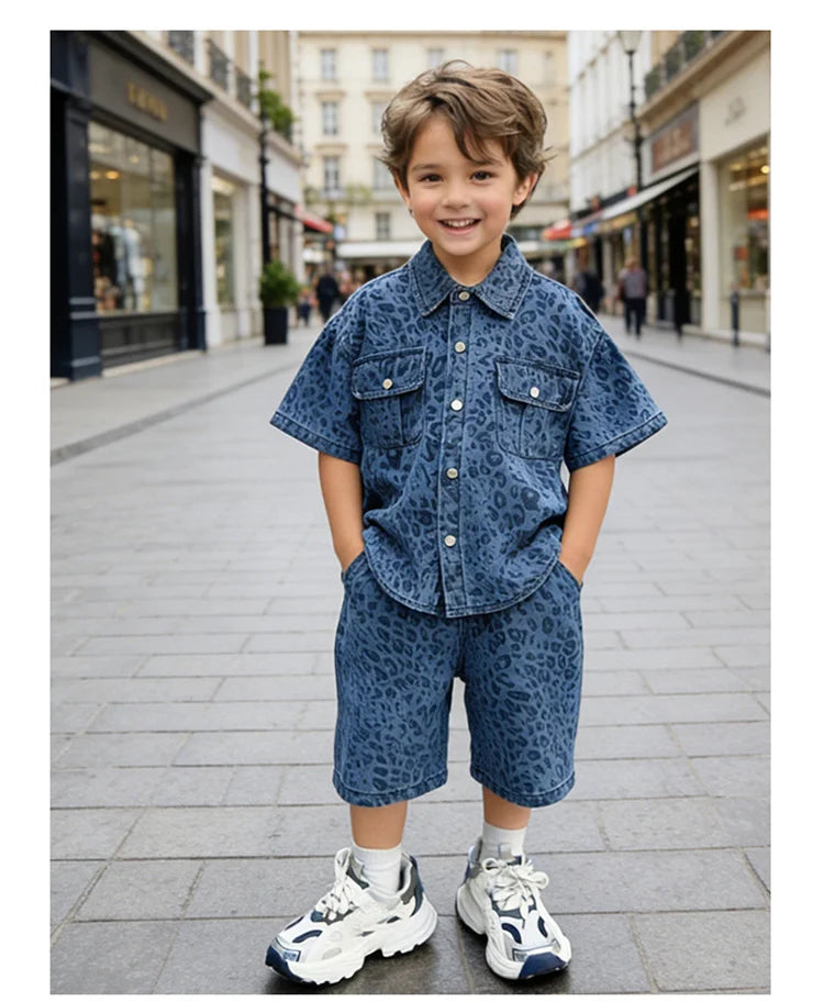 Trend Kids Boy Summer Leopard Denim Suit Two Piece Outfit Set y2k Denim Shirt And Shorts Clothing Set for Baby Child Streetwear