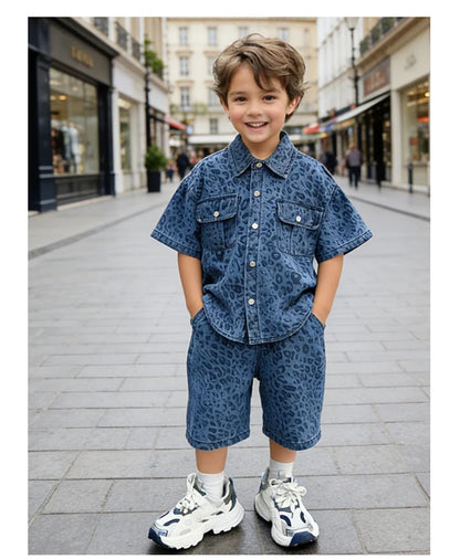 Trend Kids Boy Summer Leopard Denim Suit Two Piece Outfit Set y2k Denim Shirt And Shorts Clothing Set for Baby Child Streetwear