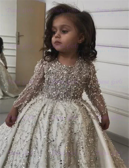 Gorgeous Pearl Sequins Quality Satin FLuffy Flower Girl Dress Exquisite Applique for Wedding Birthday Party Evening Ball Gowns