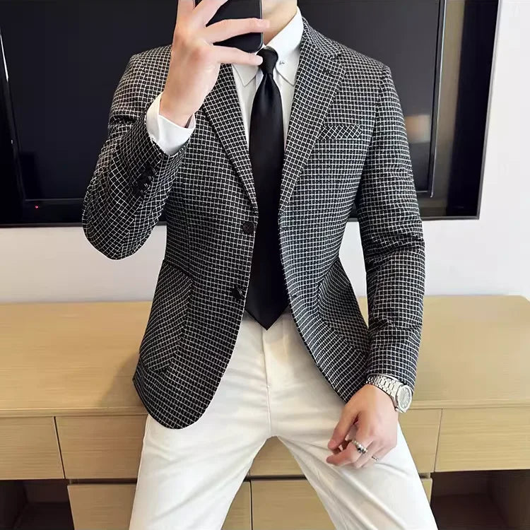 Men's Elegant Grid Suit Jacket 2026 Spring New Fashion Slim Blazer Jackets Social Prom Dress Jacket Men's High Quality Clothing