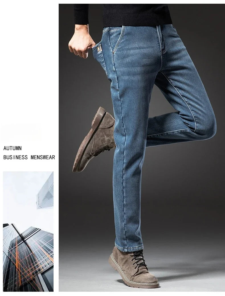 Winter Fleecy Thickened Warm Jeans Vintage Brand Classic Retro Youth Fashion Men Fit Straight Leg Casual Stretch Denim Pants