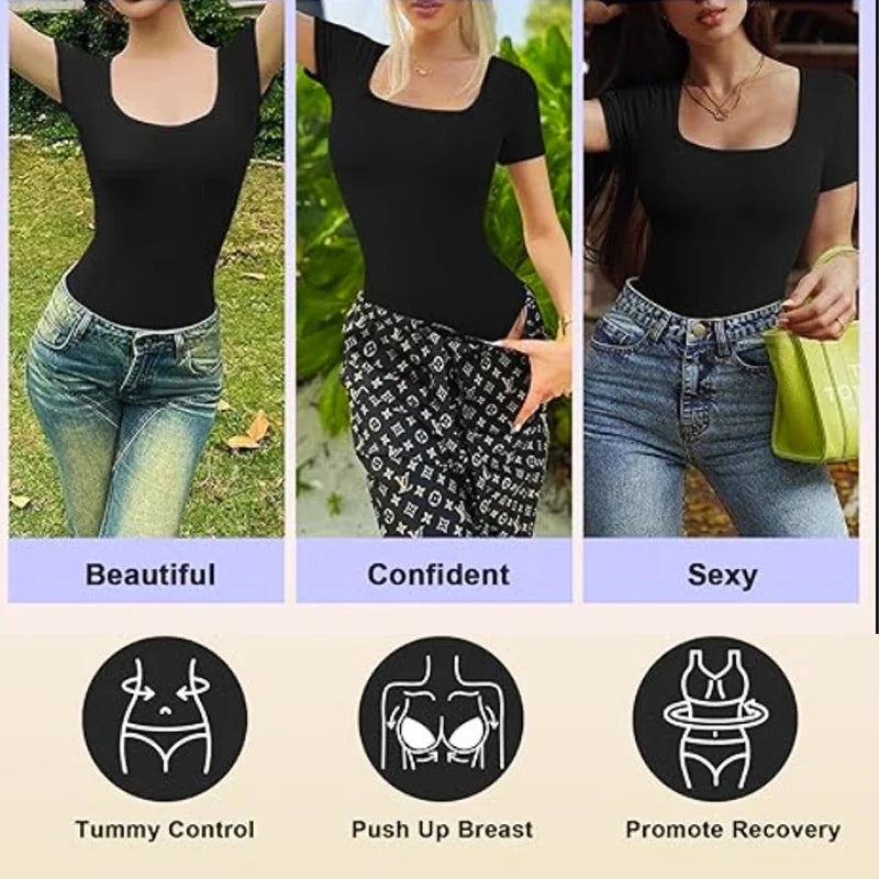 Short Sleeve Open Crotch Big U Neck Seamless Shapers Spandex Elastic Body Suit Shapewear Women Body Shaper Tummy Control
