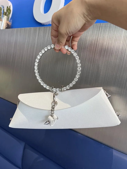 Clutch Bag Luxury Designer Handbag for Women 2025 with Chain Metal Ring Handle PU Leather Rhinestones Purses Shoulder Bag