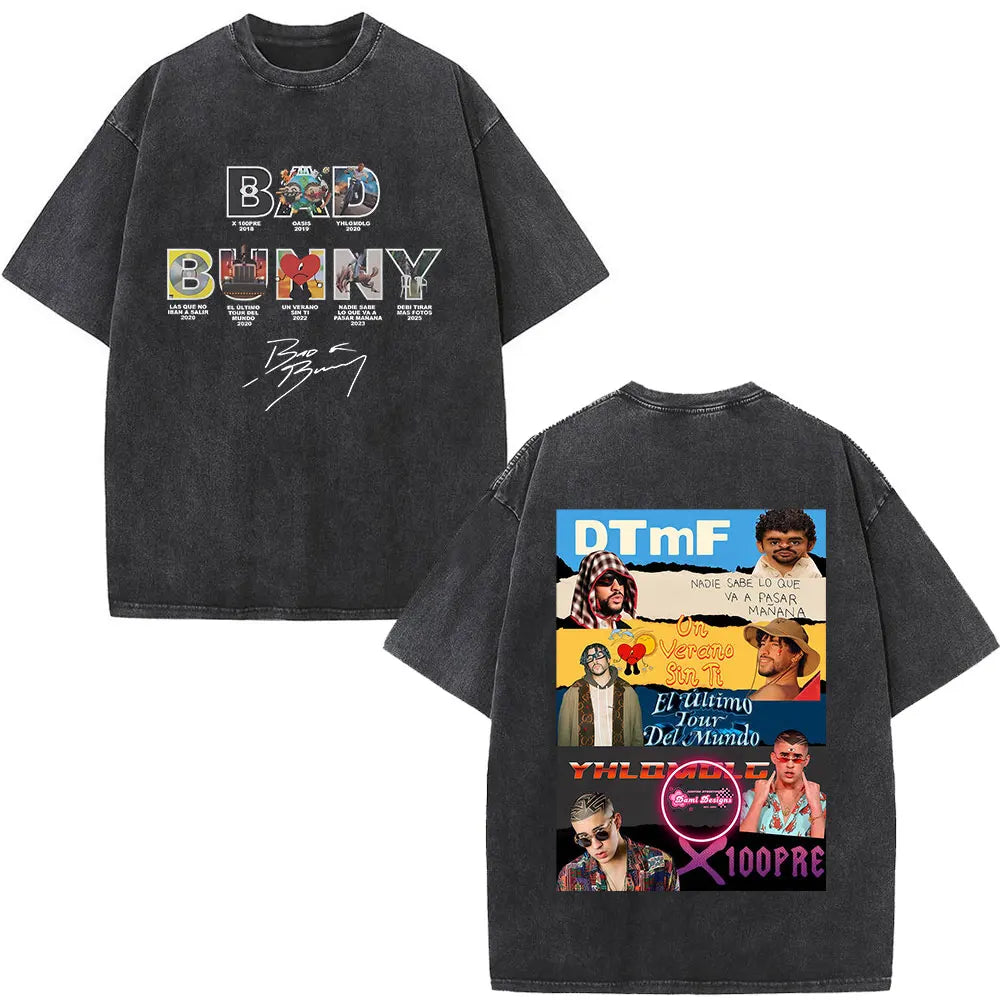 Rapper Bad Bunny Washed Vintage T-shirt Debi Tirar Mas Fotos DTMF World Tour T Shirts Men's Fashion Hip Hop T-shirts Streetwear