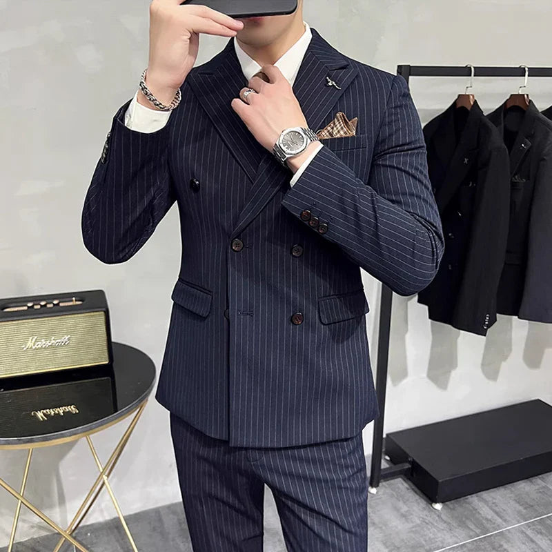 M-7XL ( Blazer + Pants ) Luxury Classic Striped Men's Official Office Casual Business Double -breasted Suit Groom Wedding Gown