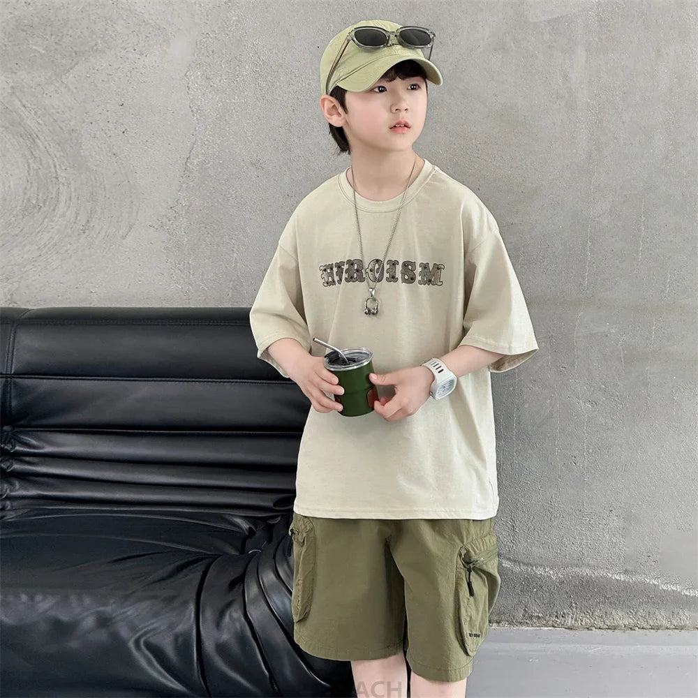 New Summer Korean Children Fashion Suit for Teen Boy Cotton Top And Bottom Set Kids Casual Tshirt Shorts 2PCS Clothing Set 7-16Y