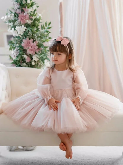 Customized Lovely Pink Flower Girl Dress For Wedding Puffy Knee Length Kids Birthday Party First Communion Ball Gowns
