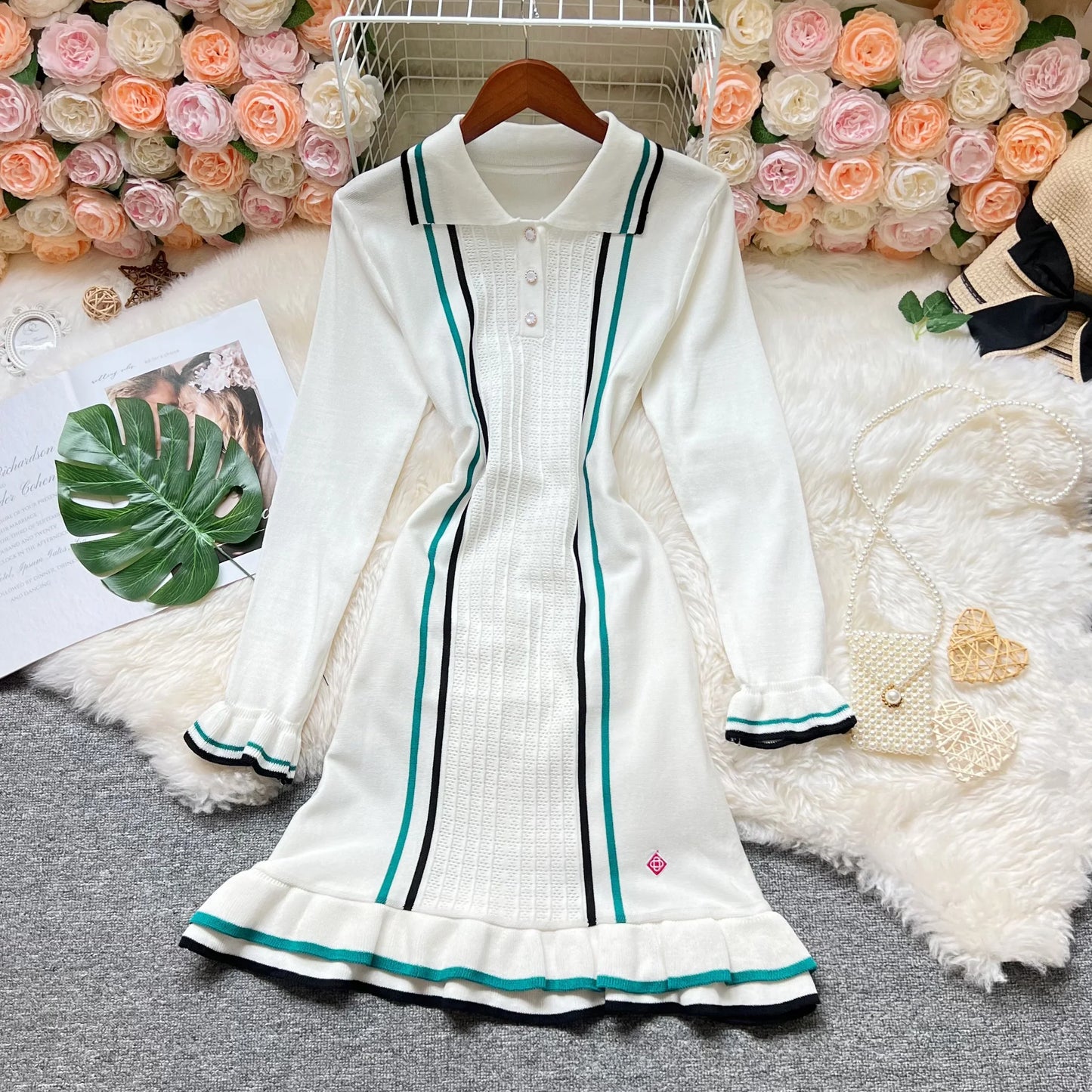 Chic Fashion Sexy Package Hips Knitted Mini Dress 2026 Summer Vintage Turn-down Collar Ruffled Party Dress Streetrwear