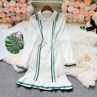 Chic Fashion Sexy Package Hips Knitted Mini Dress 2026 Summer Vintage Turn-down Collar Ruffled Party Dress Streetrwear