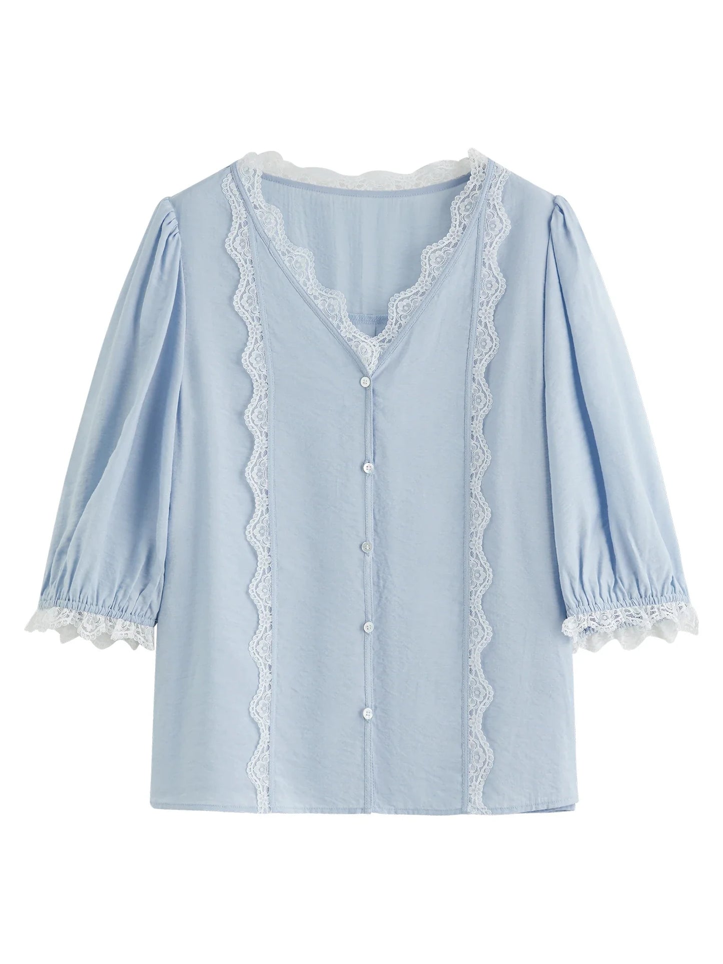 2025 Summer Women's Artisan Lace V-Neck Blouse - Navy Blue Romantic Design & Lightweight Chiffon for Chic Occasions