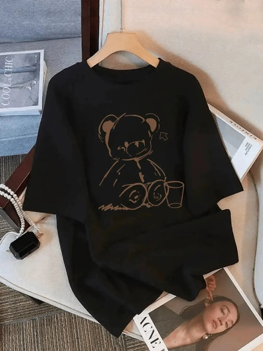Cute Teddy Bear Print Crew Neck Tops Women's Fit Short Sleeve Cartoon Fashion Coffee Cup Kawaii Women Clothing